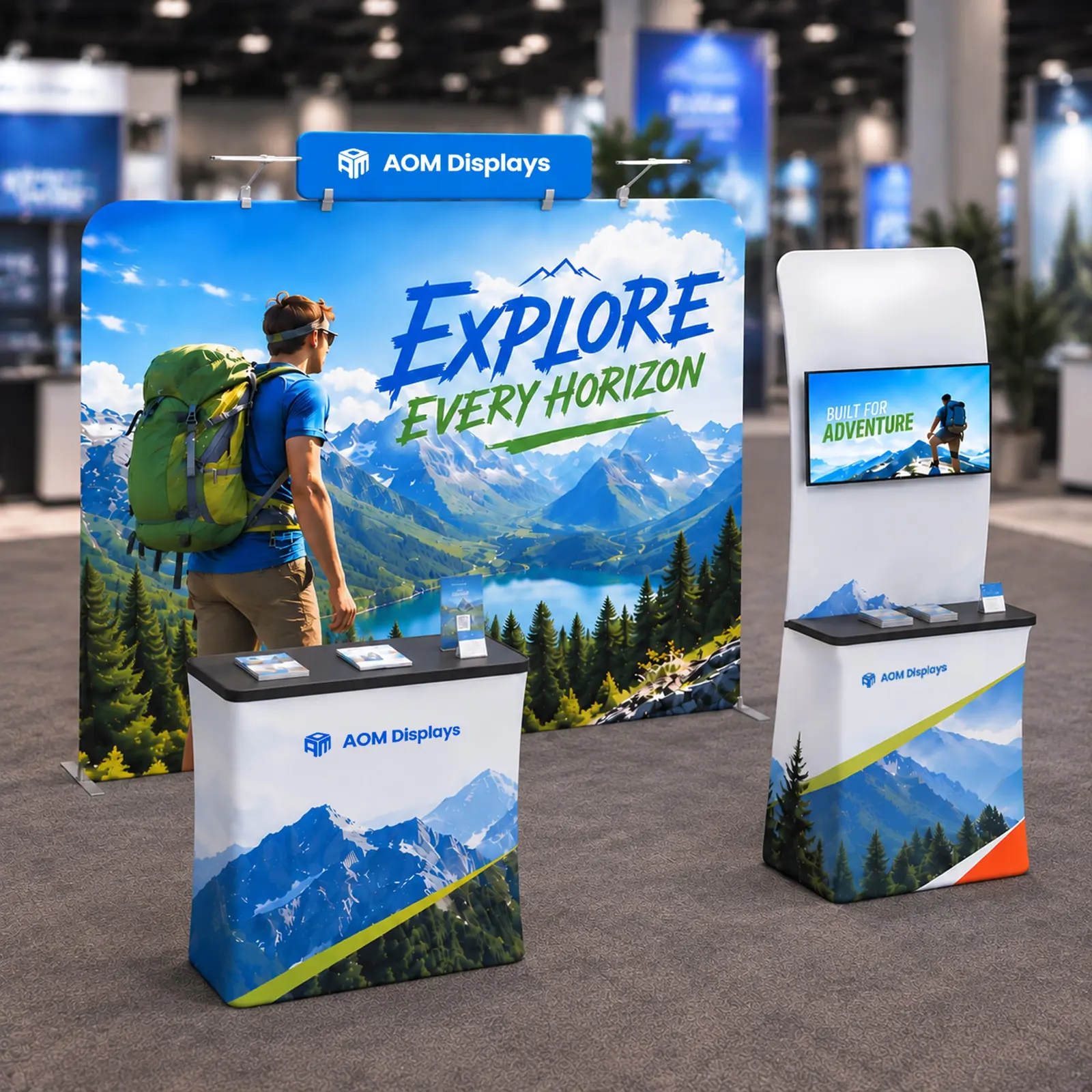 10x10 FlexZip Trade Show Booth with Straight Wall, Monitor Table and Header