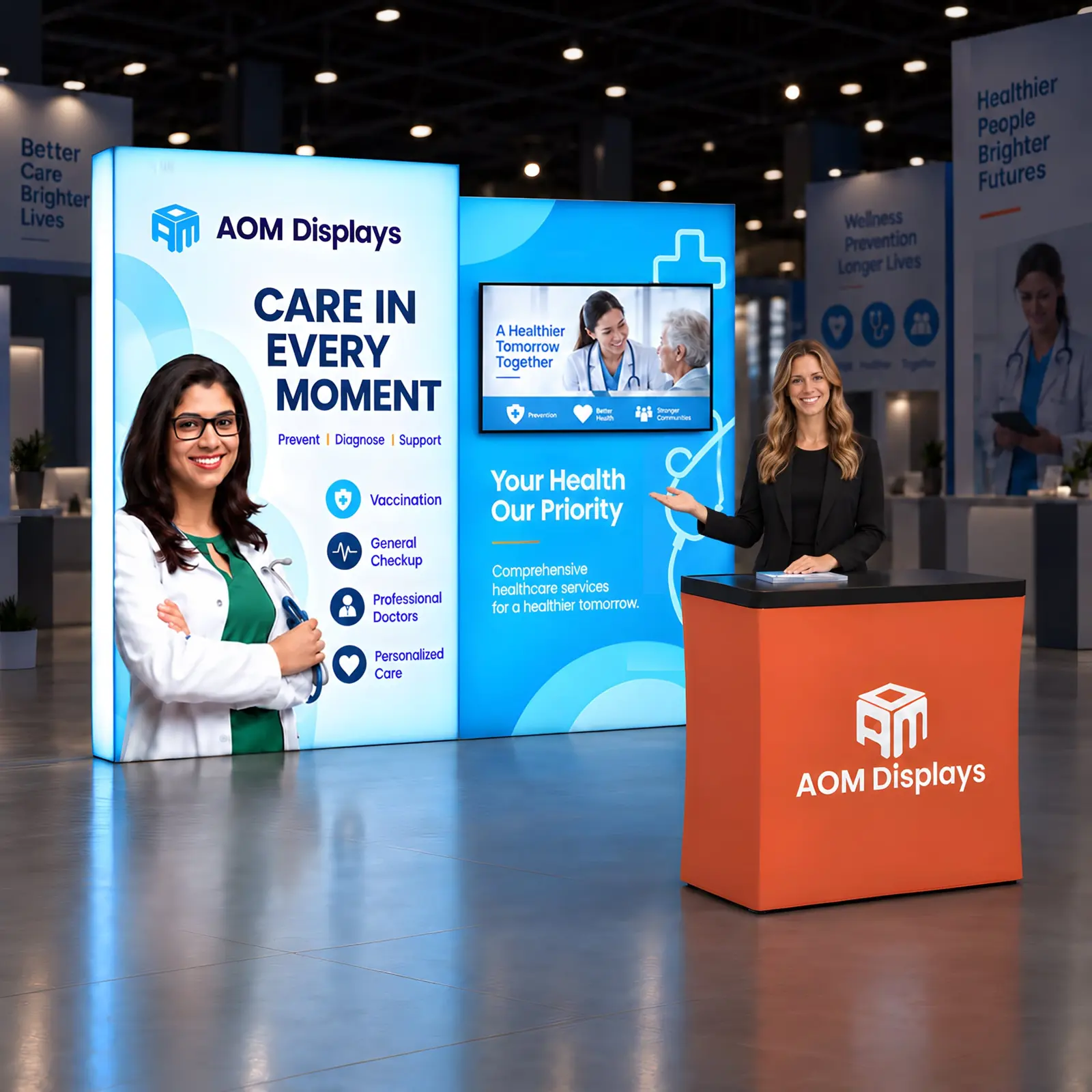 10x10 Backlit Tension Fabric Trade Show Booth with Dual-Height Rectangular Walls and TV Mount