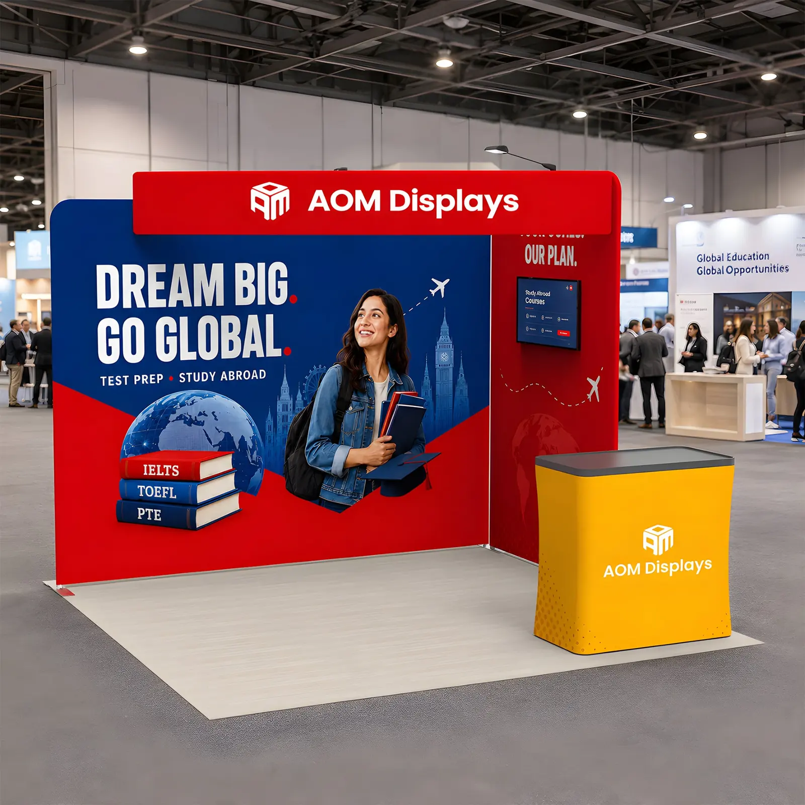10x10 FlexZip Media Trade Show Booth with TV Mount and Header