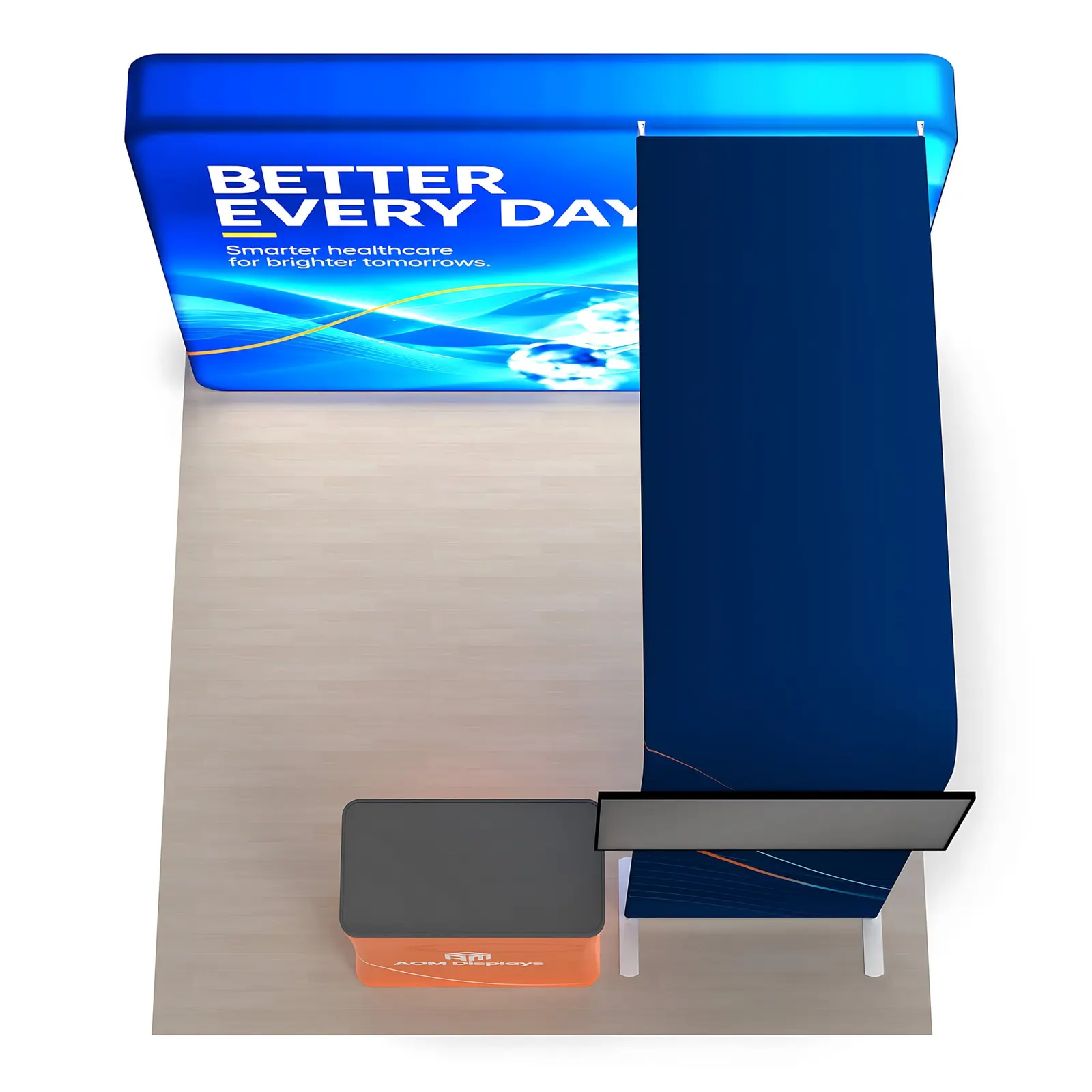 10x10 Backlit Trade Show Booth with L-Shaped TV Mount and Podium Counter