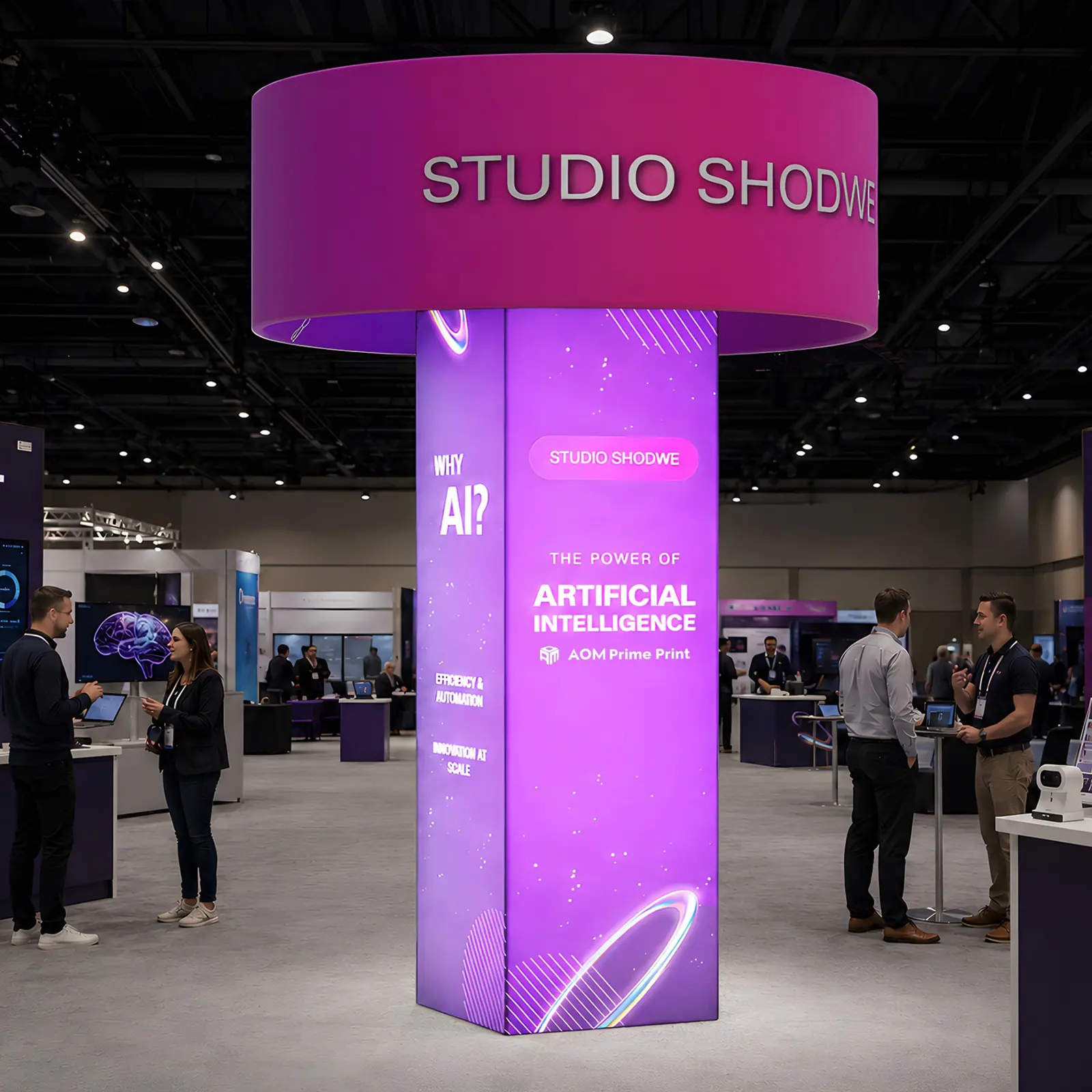 360° Rotating Backlit Trade Show Tower with Overhead Blimp Hanging Banner