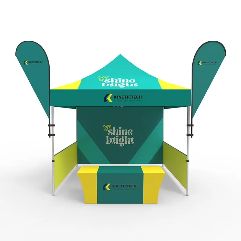 10x10 Custom Canopy Tent with Flags, 3 Walls and Tablecloth