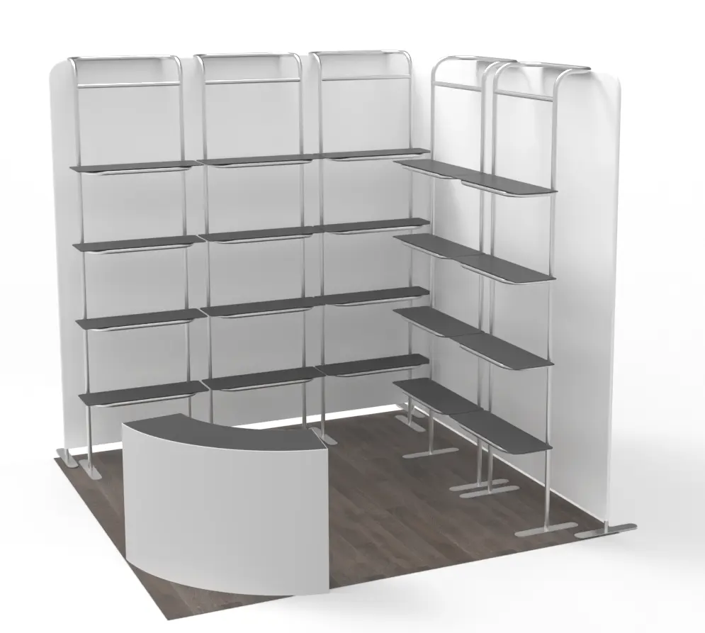 10x10 Custom Modular Exhibition Booth with Display Shelves & Welcome Desk