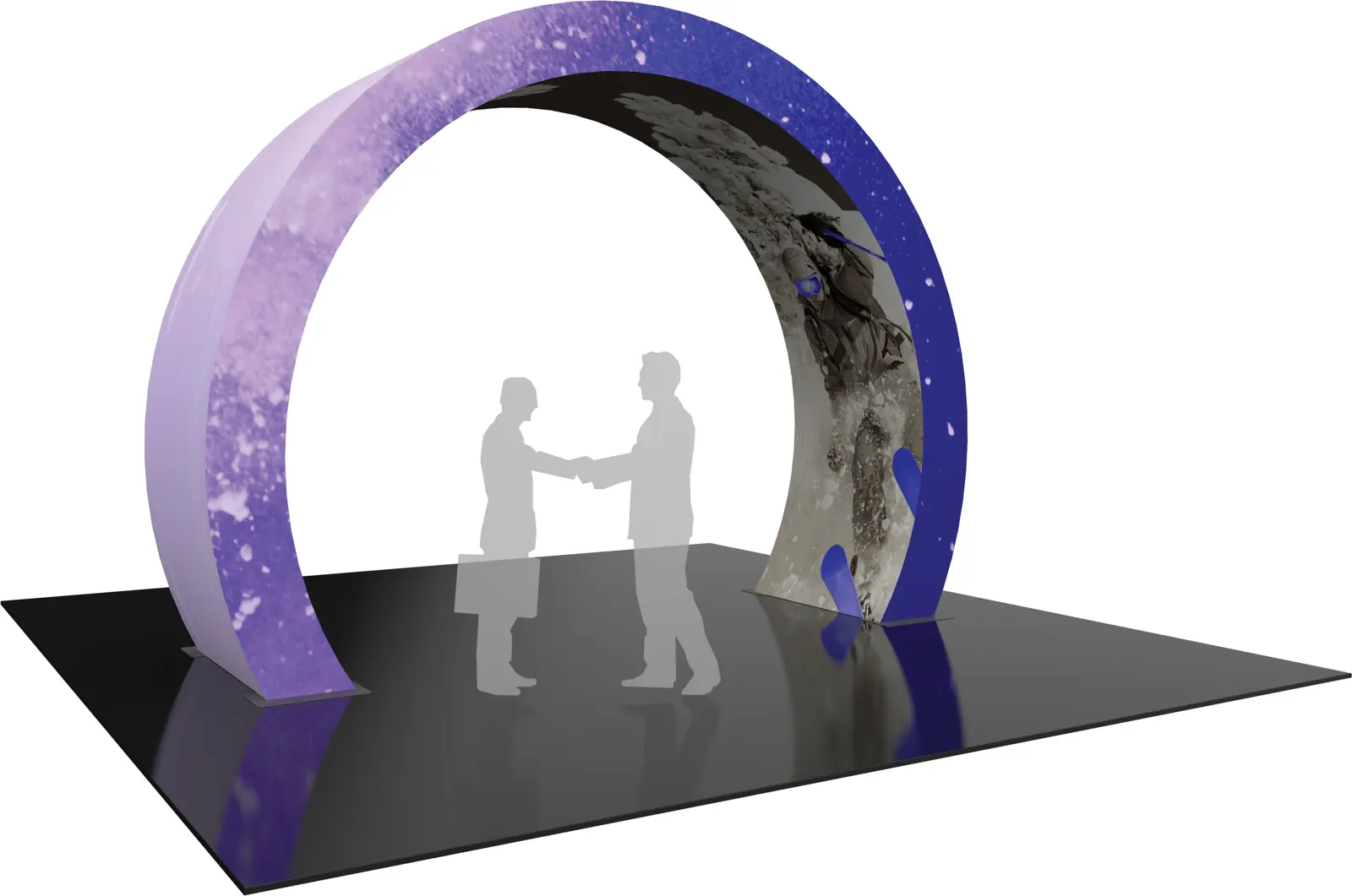 Arch with printed fabric graphics – 285.19"W x 140.37"H x 153.43"D